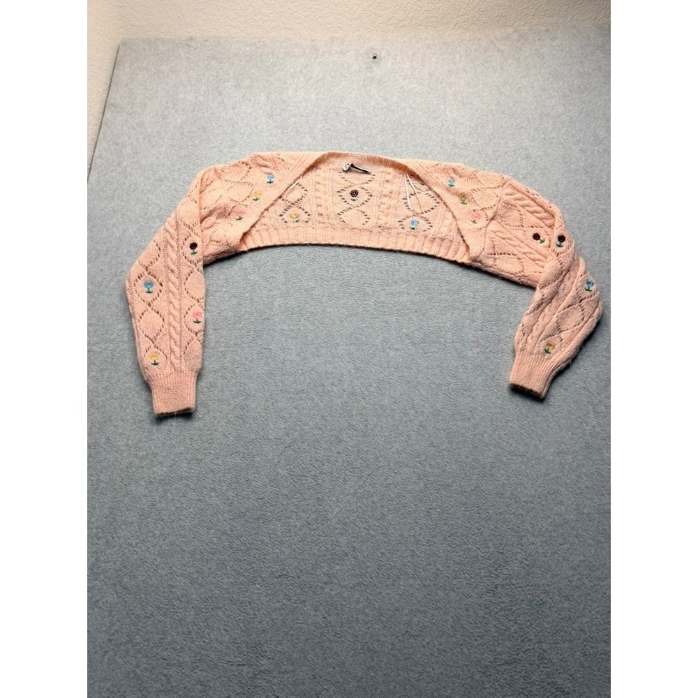 Zara Knit Womens Peach Pink Floral Embroidered Cable Pointelle Cropped Shrug S